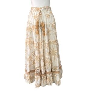 Barok Cream Tan Skirt palm tree print Bohemian tiered maxi costal Sm to Med NWT